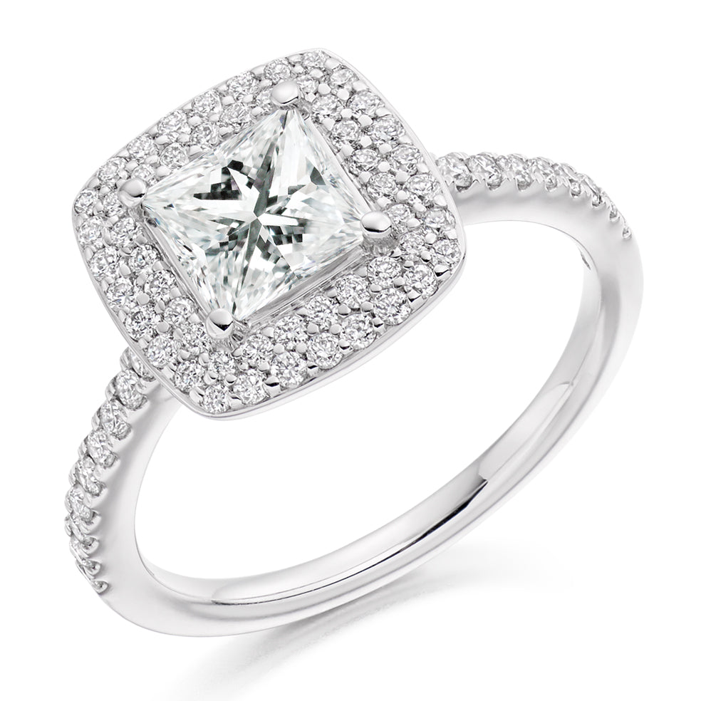 Fine Pavé Halo Princess Cut Engagement Ring in White Gold