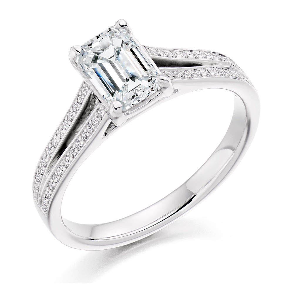 Curved-Shoulder Solitaire Emerald Cut Engagement Ring, 0.7ct in White Gold