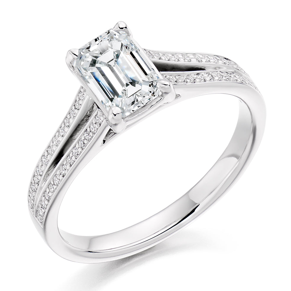 Solitaire with Split Shoulders Emerald Cut Engagement Ring in White Gold