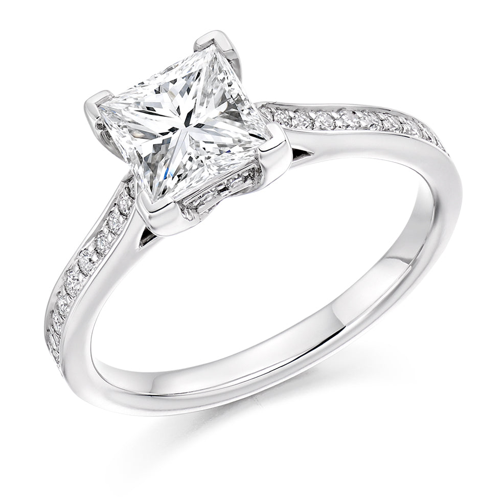 Pavé-Shouldered Solitaire Princess Cut Engagement Ring, 1.25ct in White Gold