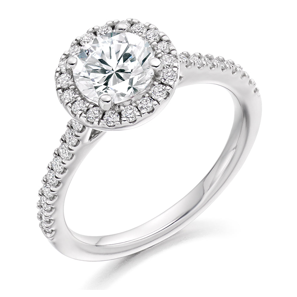 Diamond-Shouldered Halo Round Brilliant Engagement Ring, 0.75ct in White Gold