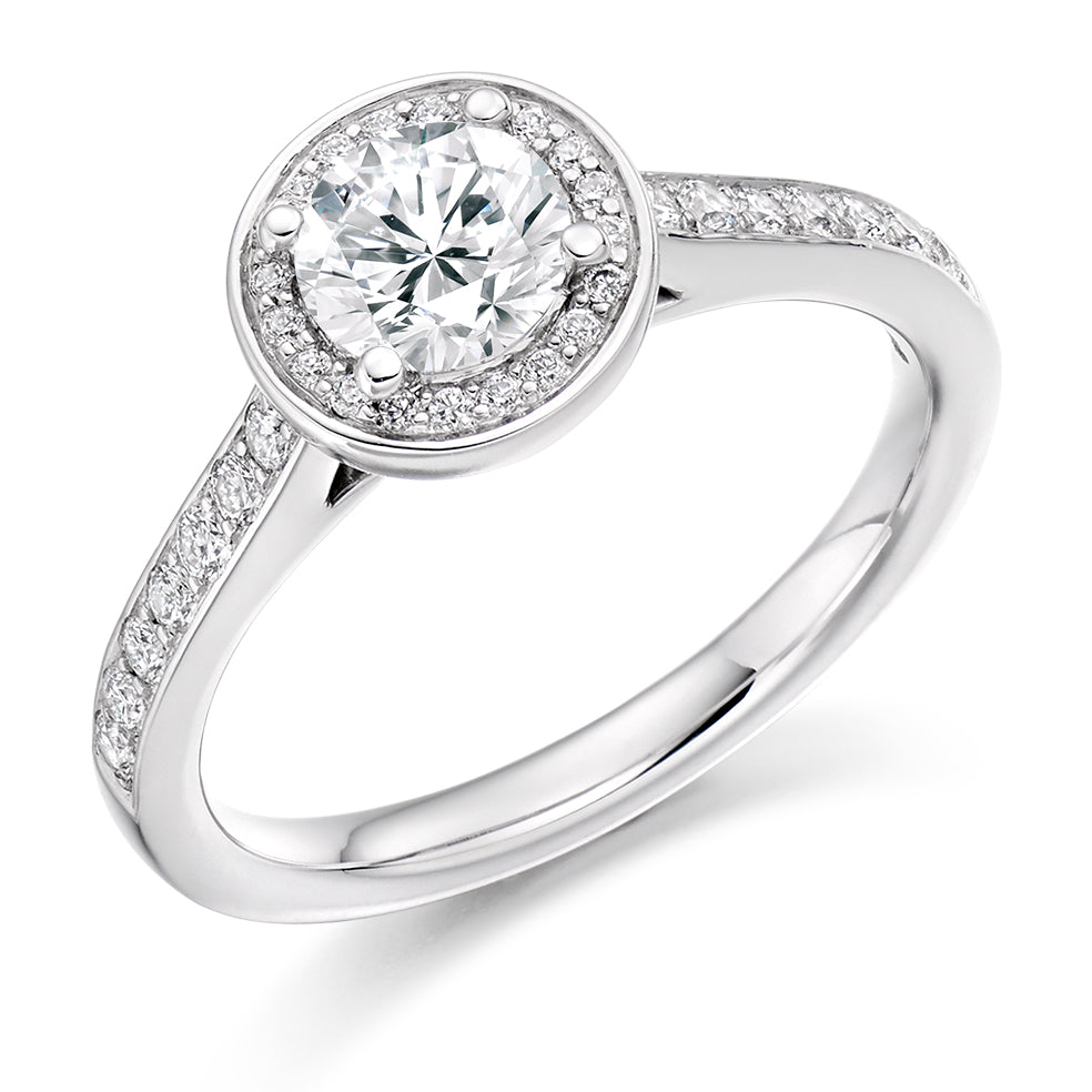Pavé-Shoulder Halo Round-Brilliant Engagement Ring, 0.75ct (ENG3969 SMT) in White Gold