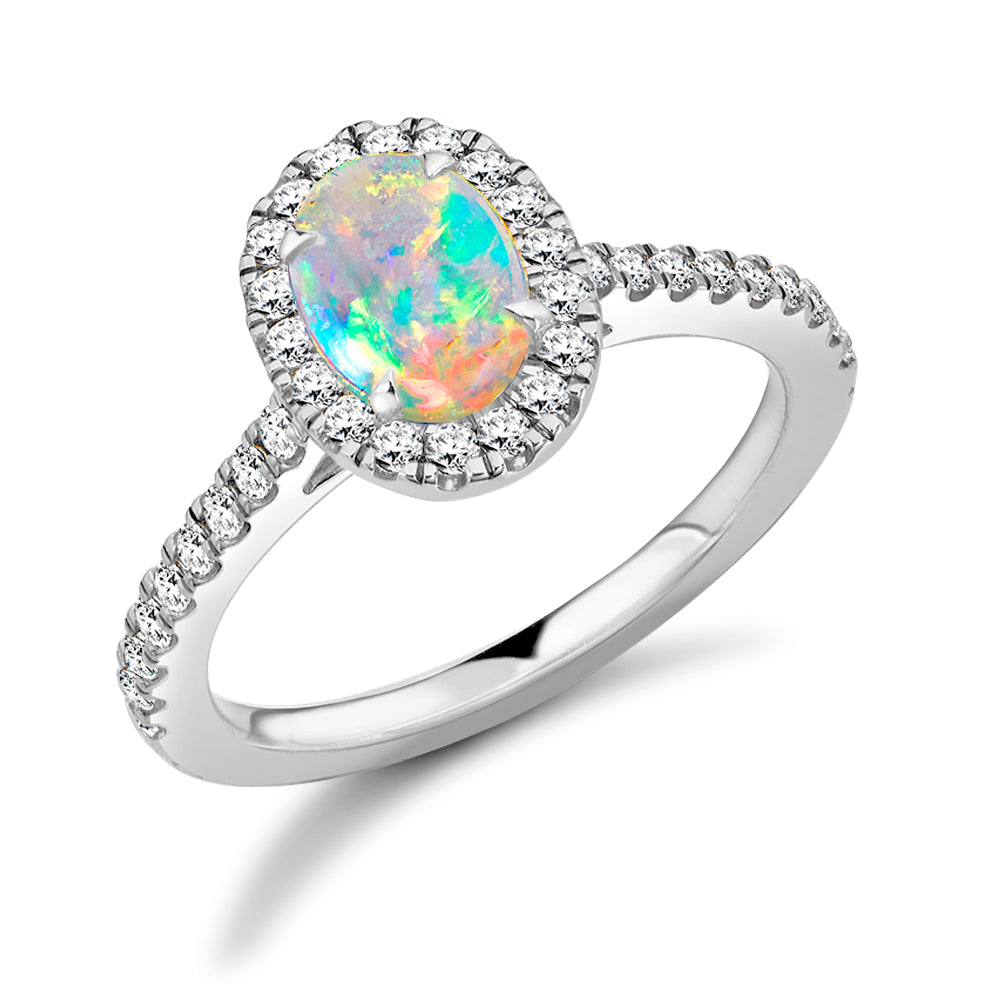 Cluster Halo Opal & Diamond Engagement Ring with Micro-Claw, 0.4ct in White Gold