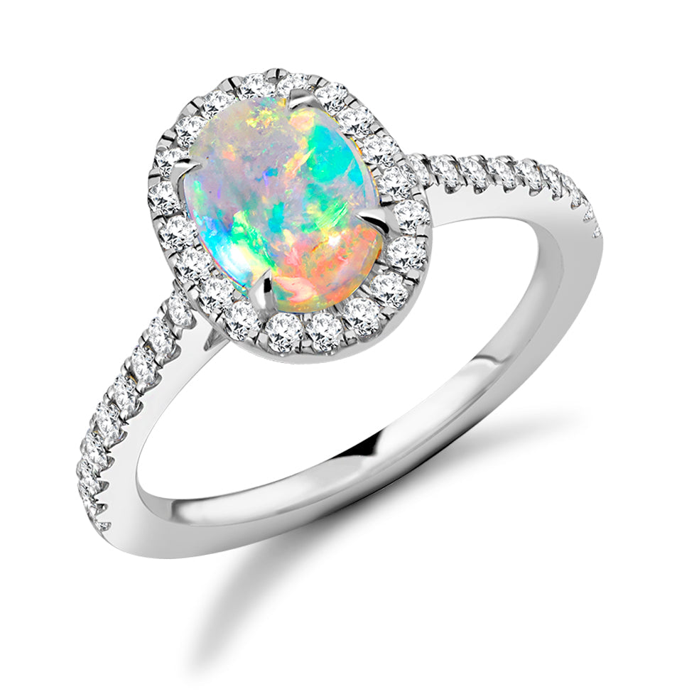 Cluster Halo Opal & Diamond Engagement Ring, 0.45ct in White Gold