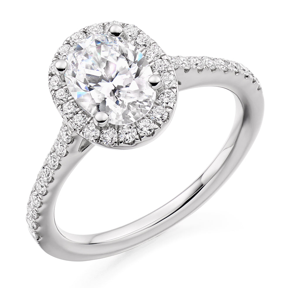 Pavé-Shoulder Halo Oval-Cut Engagement Ring, 1.5ct in White Gold