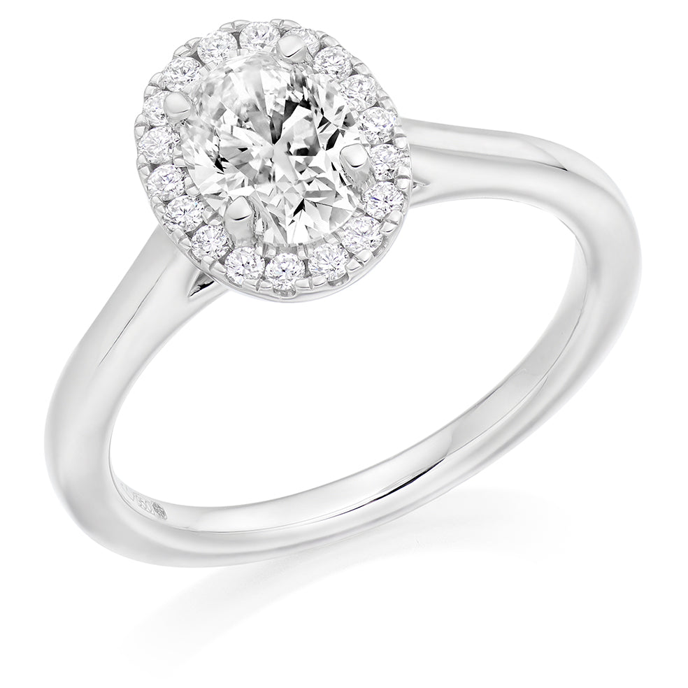 Plain-Band Halo Oval Cut Engagement Ring in White Gold