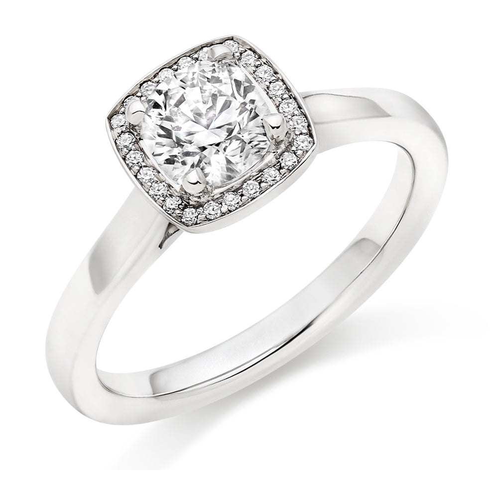 Plain-Shoulder Halo Cushion-Cut Engagement Ring, 0.7ct in White Gold