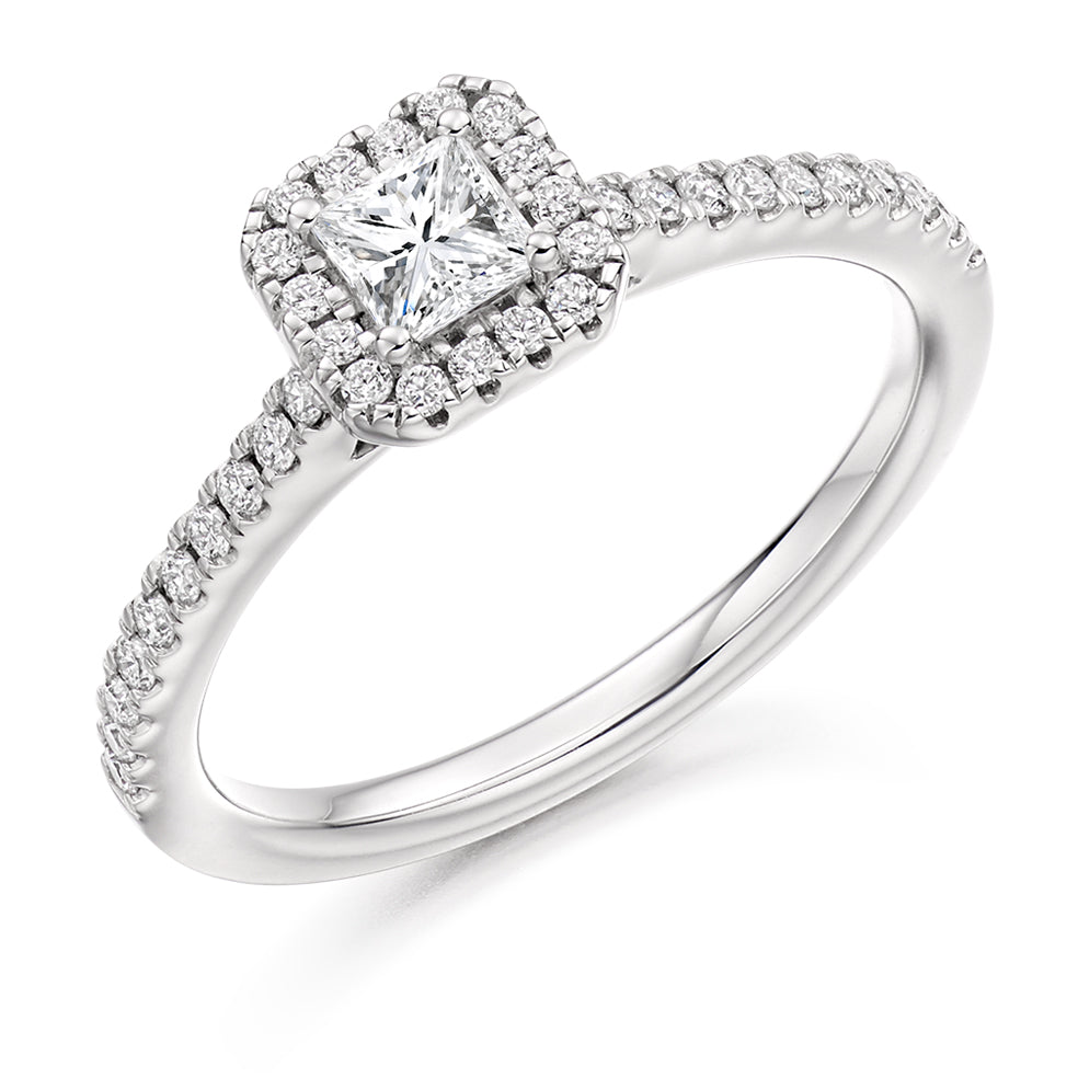 Pavé-Shoulder Halo Princess-Cut Engagement Ring, 0.25ct (ENG4036 SMT) in White Gold