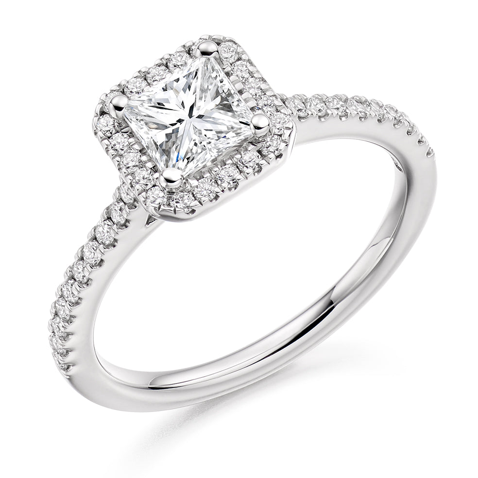 Pavé-Shoulder Halo Princess-Cut Engagement Ring, 0.75ct (ENG4039 SMT) in White Gold