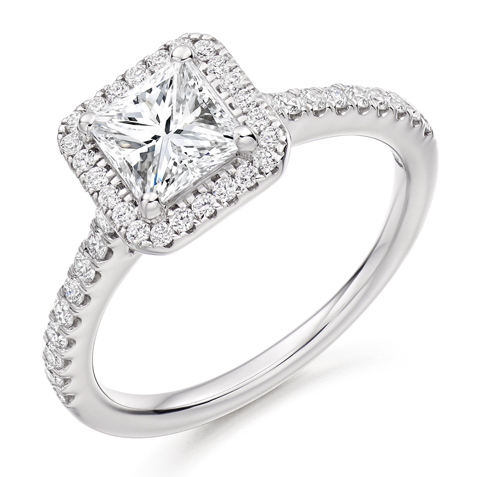 Pavé-Shoulder Halo Princess-Cut Engagement Ring, 1.0ct (ENG4040 SMT) in White Gold