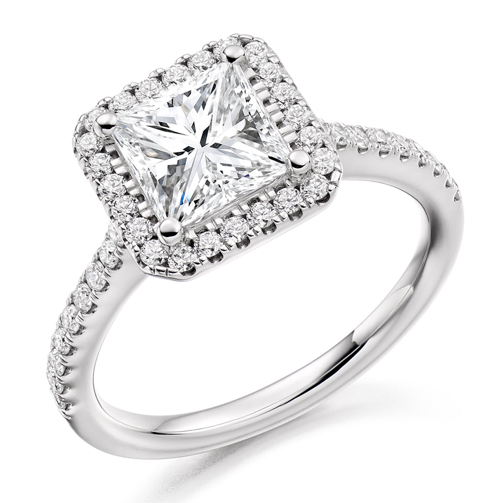 Pavé-Shoulder Halo Princess-Cut Engagement Ring, 1.5ct (ENG4041 SMT) in White Gold