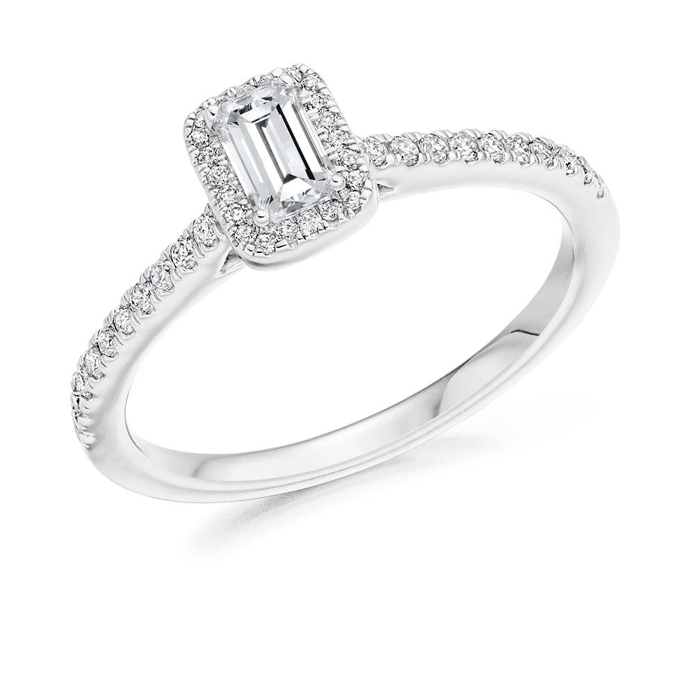 Classic Halo Emerald Cut Engagement Ring in White Gold