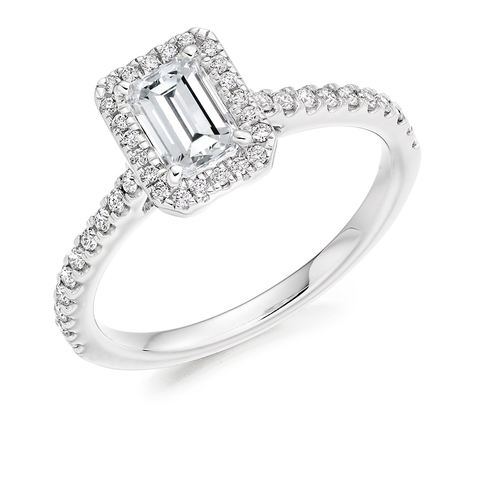 Pavé-Shoulder Halo Emerald-Cut Engagement Ring, 0.75ct (ENG4045 SMT) in White Gold