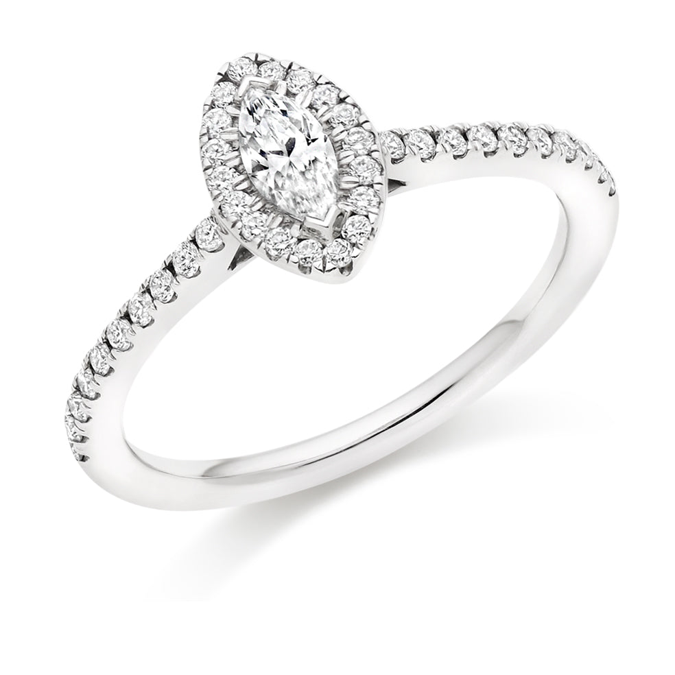 Pavé-Shoulder Halo Marquise-Cut Engagement Ring, 0.25ct in White Gold