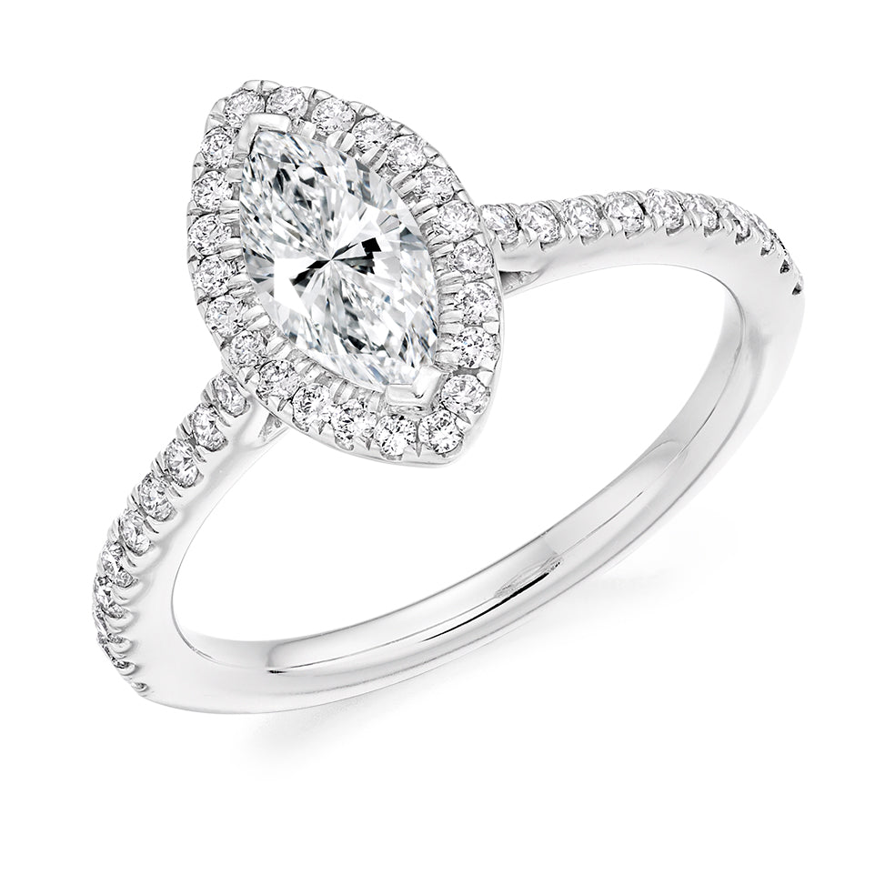 Pavé-Shoulder Halo Marquise-Cut Engagement Ring, 0.75ct in White Gold