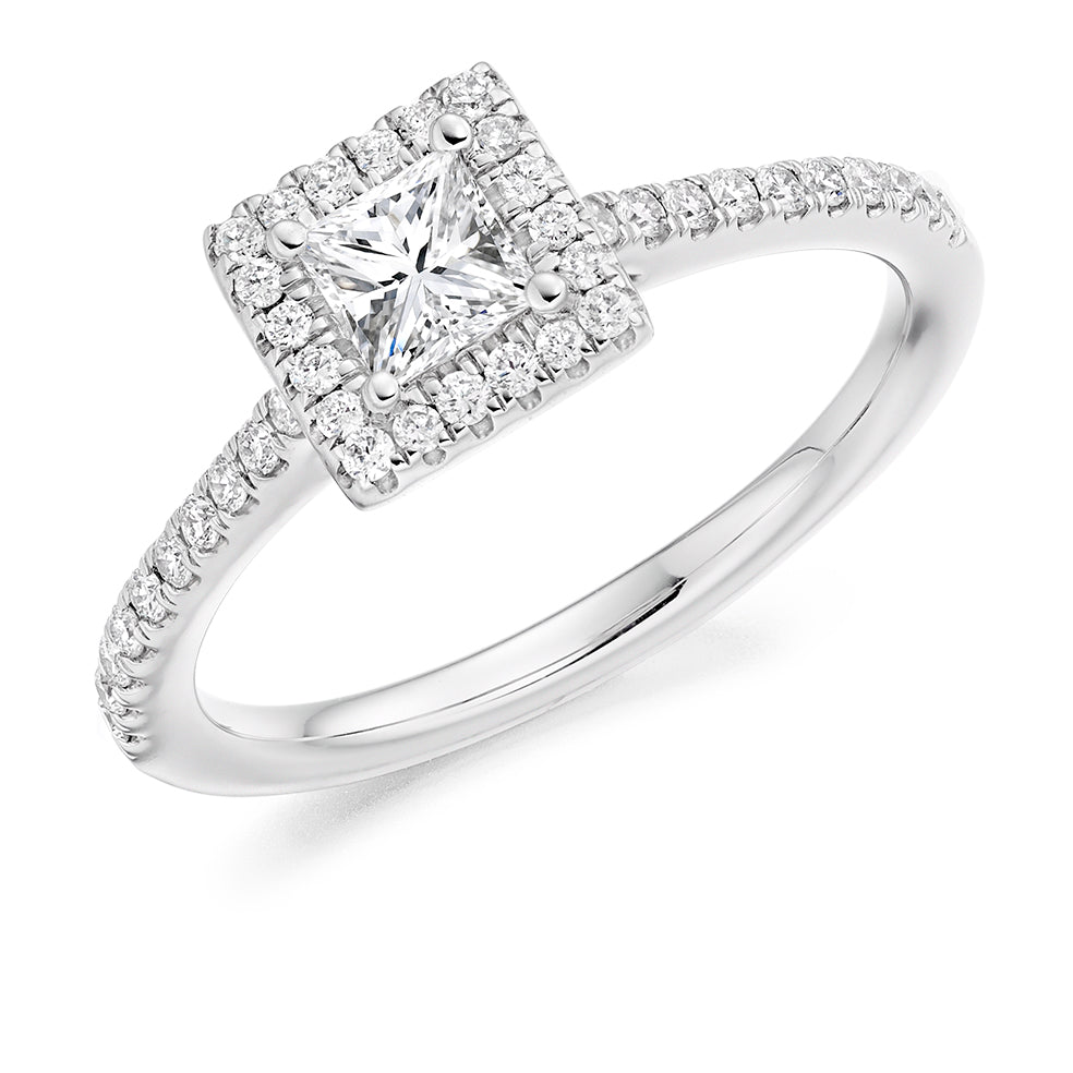 Pavé-Shoulder Halo Princess-Cut Engagement Ring, 0.4ct in White Gold