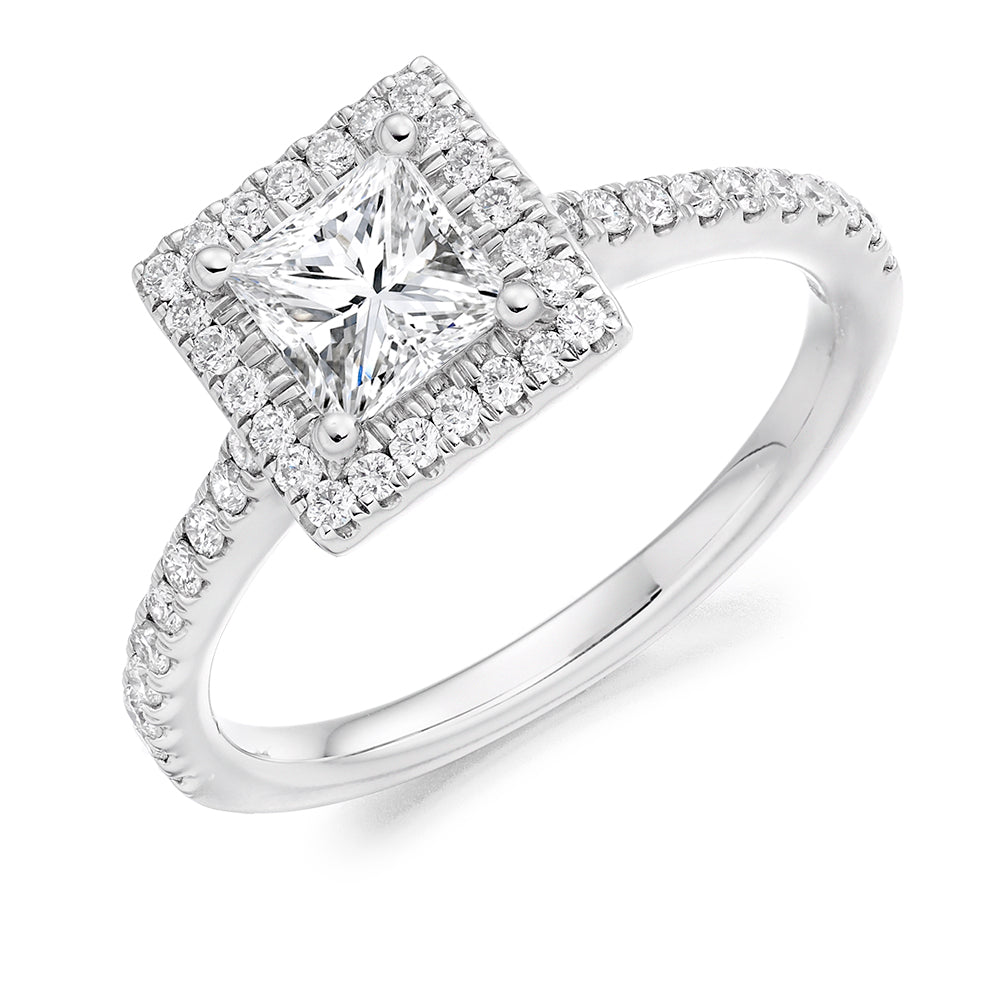 Pavé-Shoulder Halo Princess-Cut Engagement Ring, 0.75ct (ENG4196 SMT) in White Gold