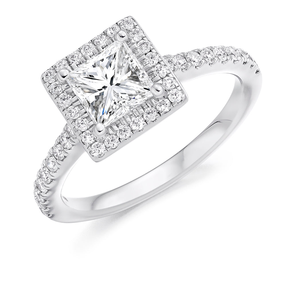 Pavé-Shoulder Halo Princess-Cut Engagement Ring, 1.0ct (ENG4197 SMT) in White Gold