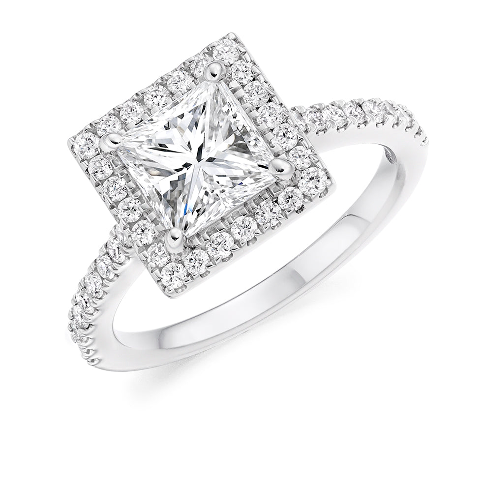 Pavé-Shoulder Halo Princess-Cut Engagement Ring, 1.5ct in White Gold