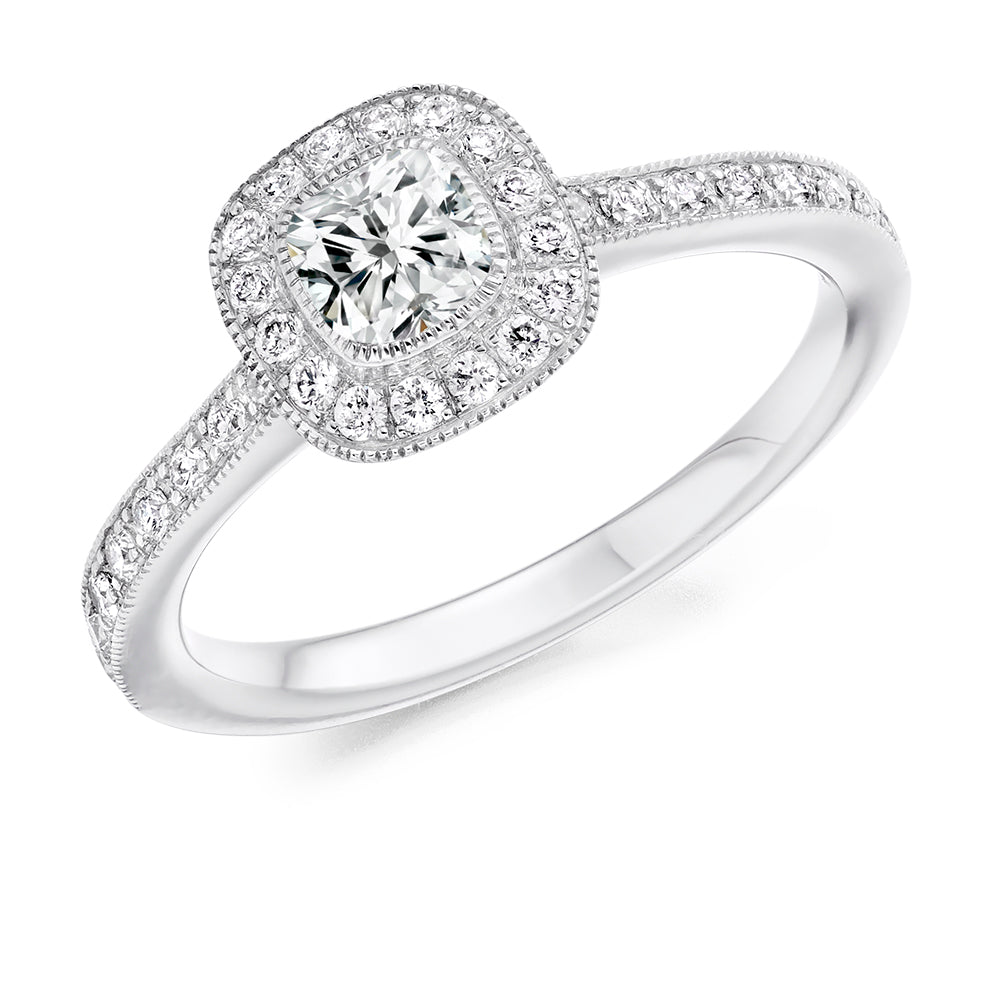 Pavé-Shoulder Halo Cushion-Cut Engagement Ring, 0.35ct in White Gold