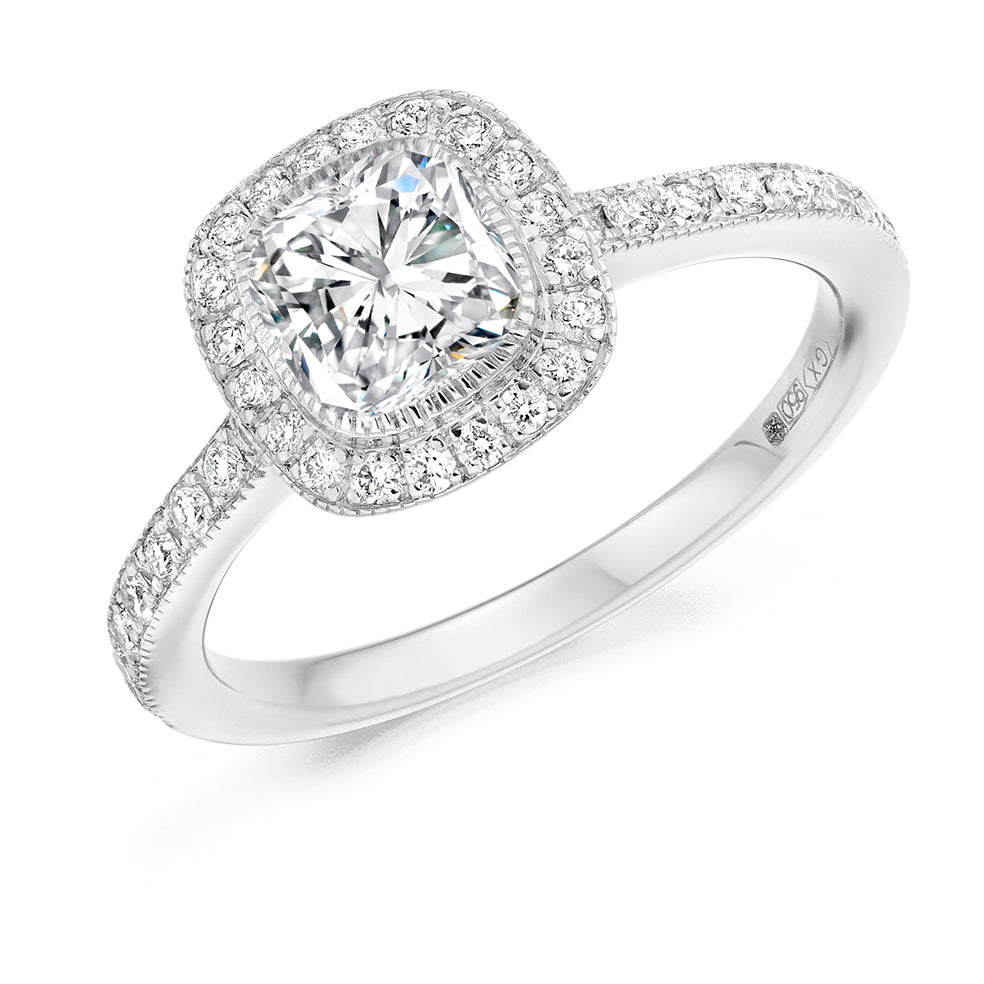 Rubover-Set Halo Cushion Cut Engagement Ring, 0.75ct in White Gold