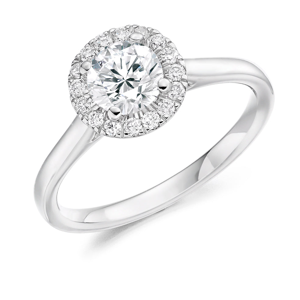 Plain-Shoulder Halo Round-Brilliant Engagement Ring, 0.75ct in White Gold