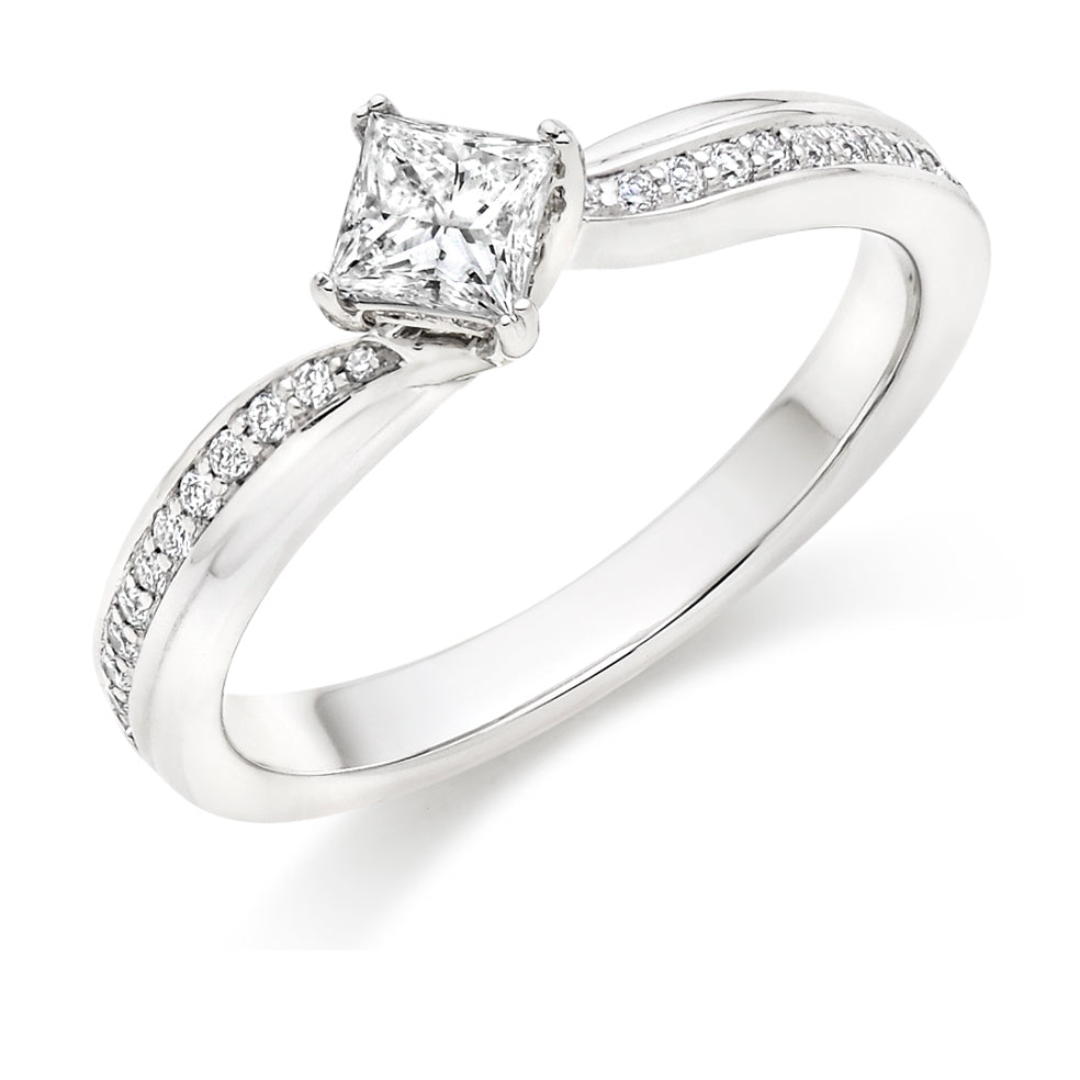 Pavé-Shouldered Solitaire Princess Cut Engagement Ring 0.53ct in White Gold