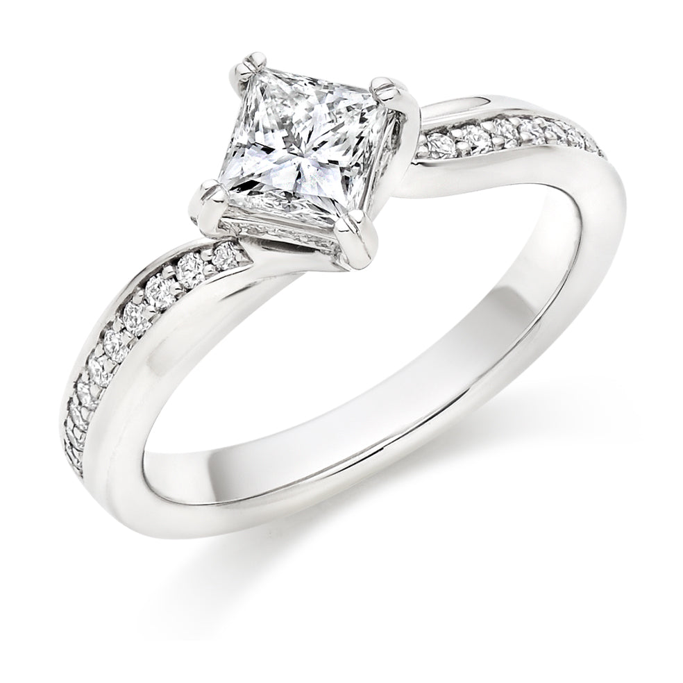 Fine Pavé Solitaire Princess Cut Engagement Ring 1.0ct in White Gold