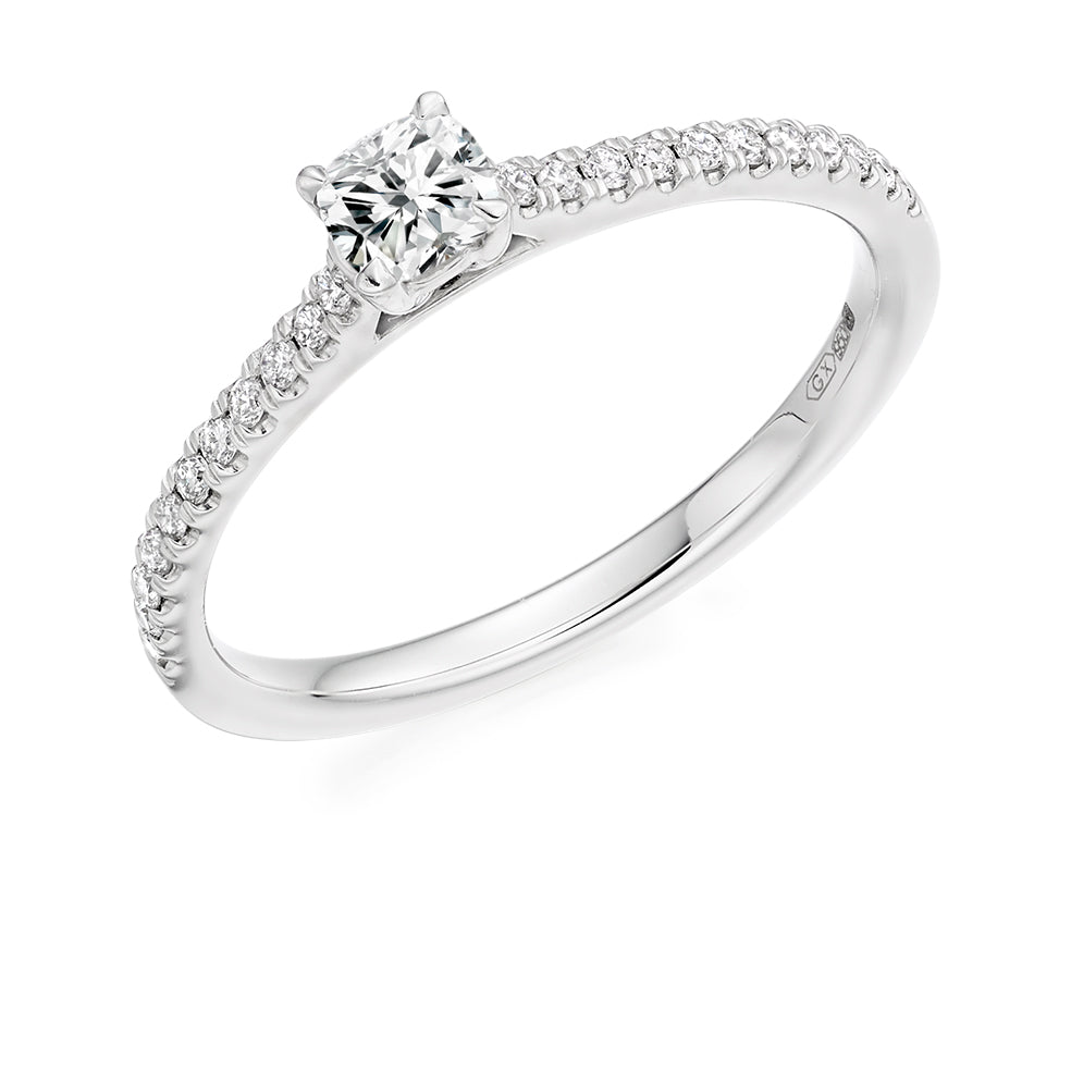 Accent-Shouldered Solitaire Cushion Cut Engagement Ring in White Gold