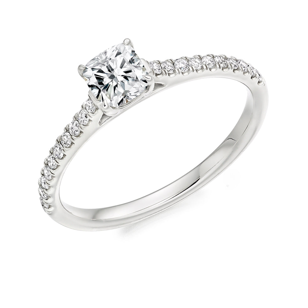 Diamond-Shouldered Solitaire Cushion Cut Engagement Ring, 0.5ct in White Gold