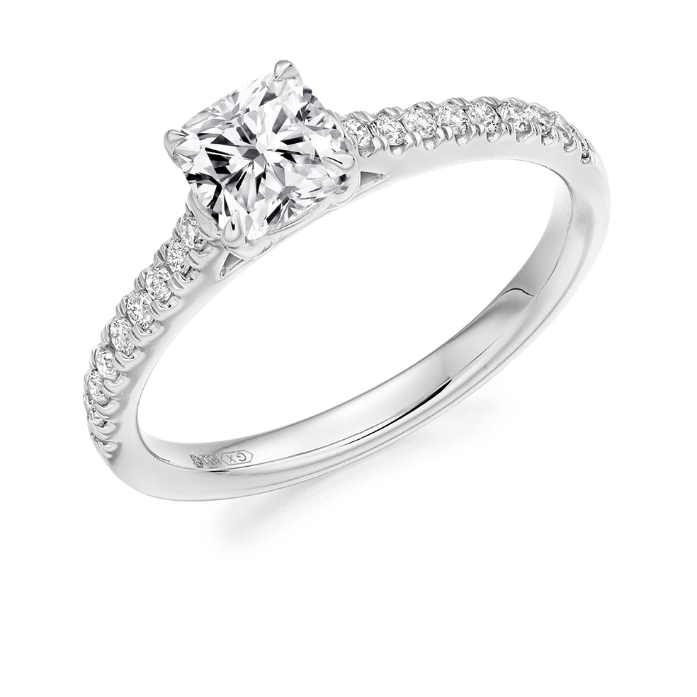 Solitaire with Diamond Shoulders Cushion Cut Engagement Ring in White Gold