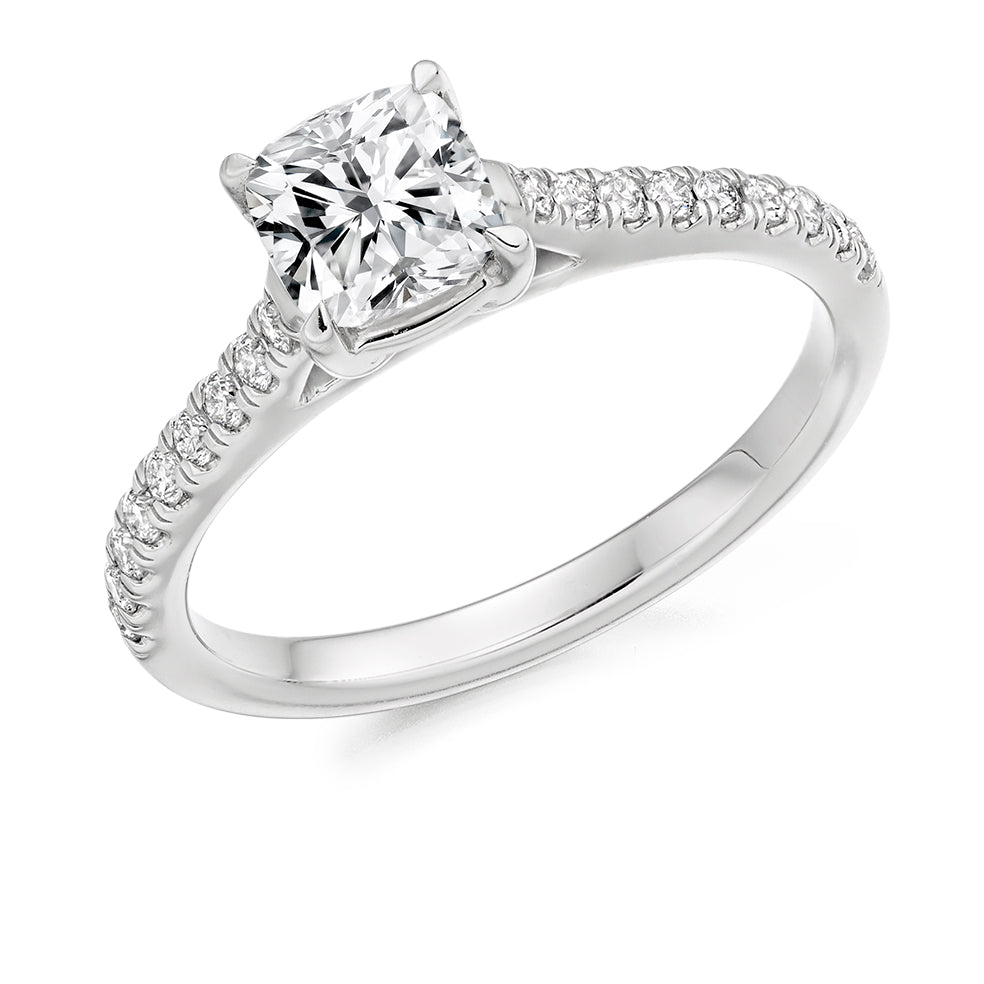 Accent-Shouldered Solitaire Cushion Cut Engagement Ring, 1.0ct in White Gold