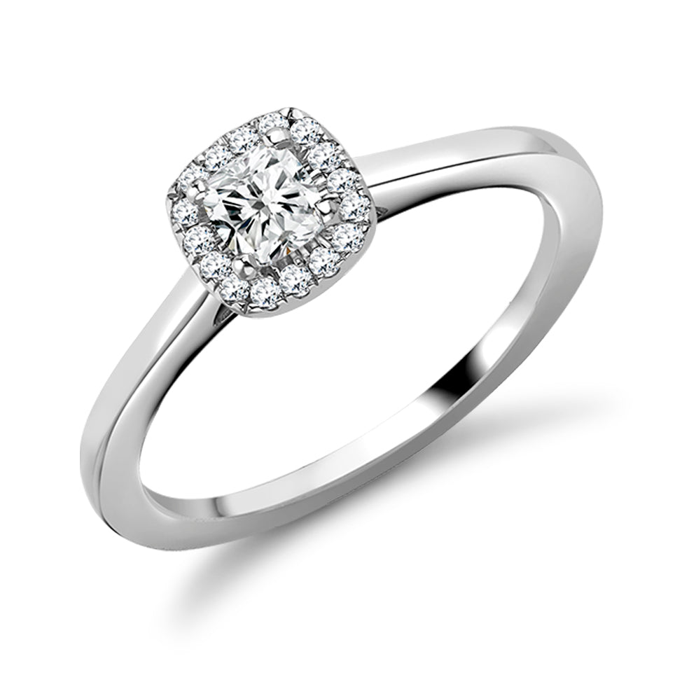 Plain-Shoulder Halo Cushion-Cut Engagement Ring, 0.25ct in White Gold
