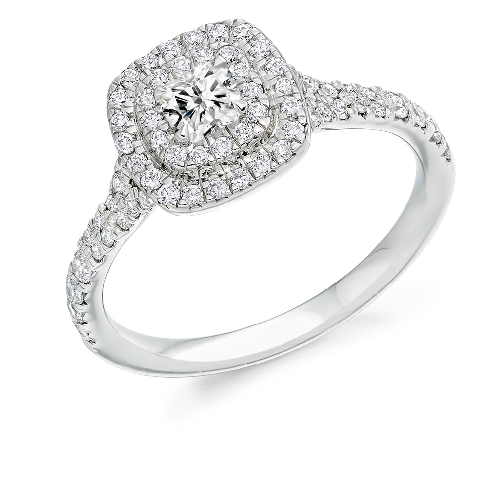 Double-Halo Split-Shoulder Cushion-Cut Engagement Ring, 0.25ct in White Gold