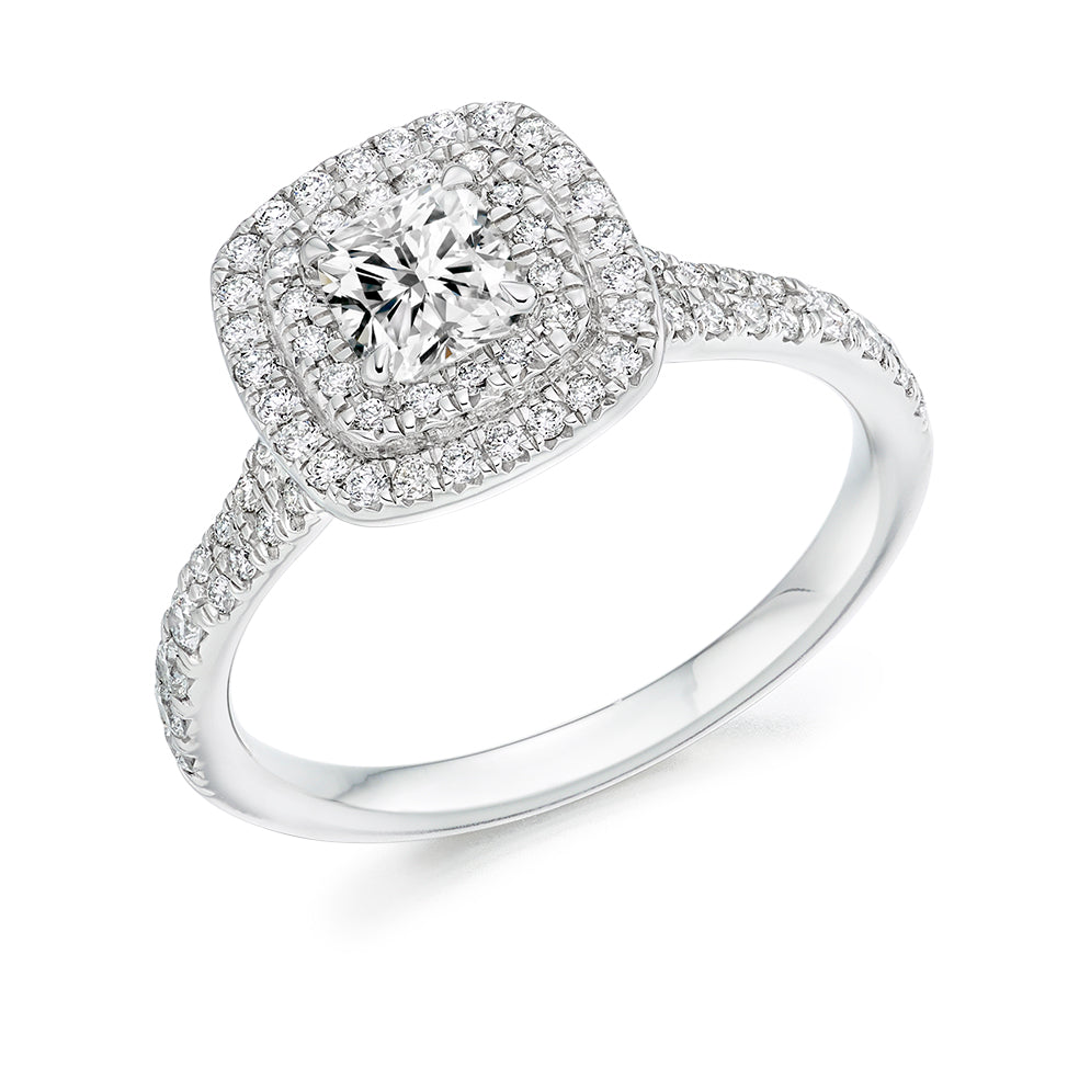 Double-Halo Split-Shoulder Cushion-Cut Engagement Ring, 0.5ct in White Gold