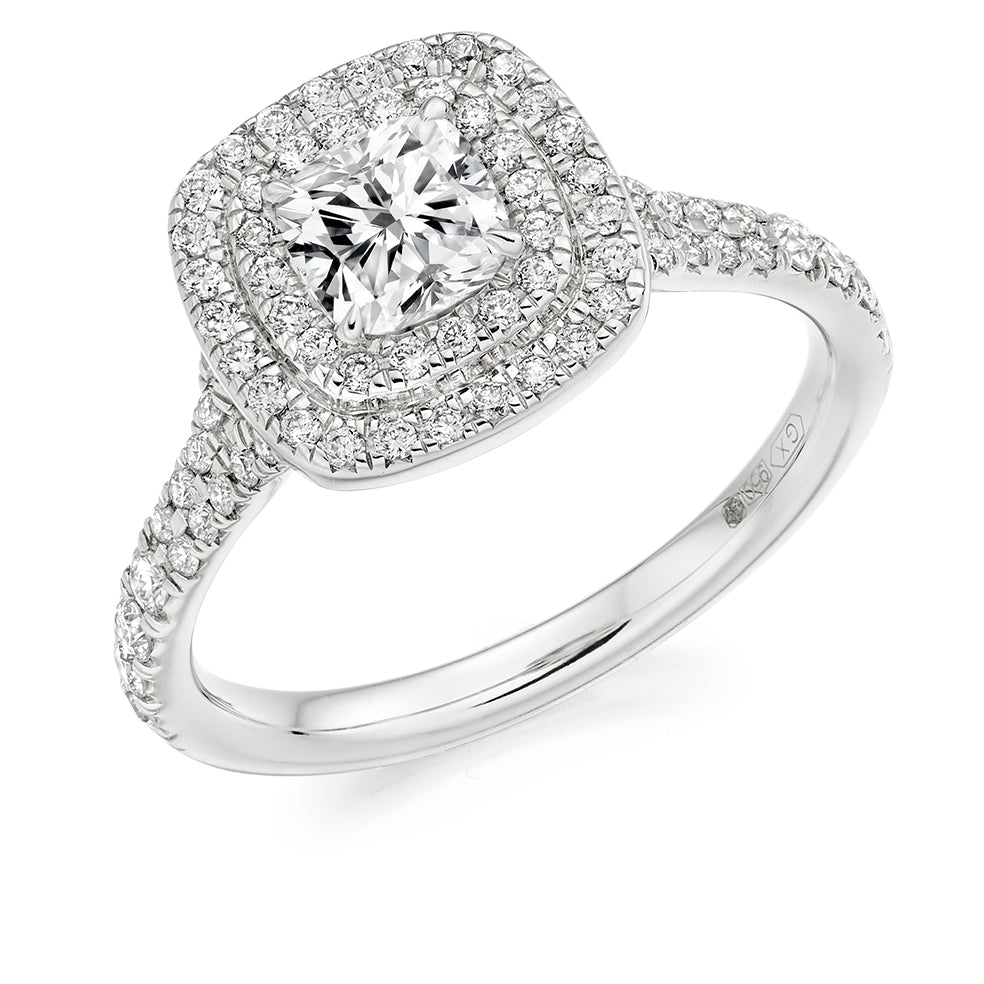Double-Halo Split-Shoulder Cushion-Cut Engagement Ring, 0.75ct in White Gold
