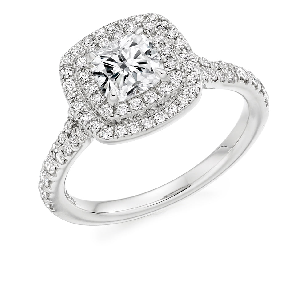 Double-Halo Split-Shoulder Cushion-Cut Engagement Ring, 1.0ct in White Gold