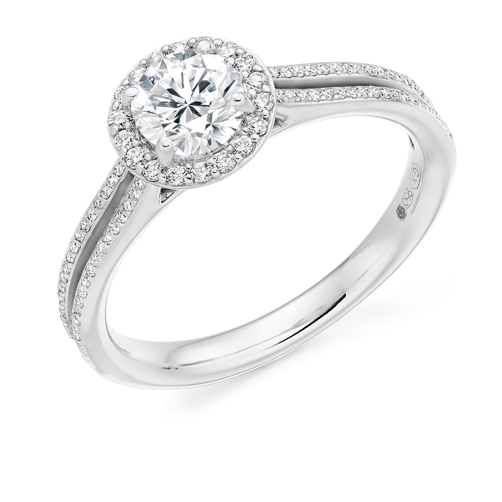 Curved-Shoulder Halo Round Brilliant Engagement Ring 0.75ct in White Gold