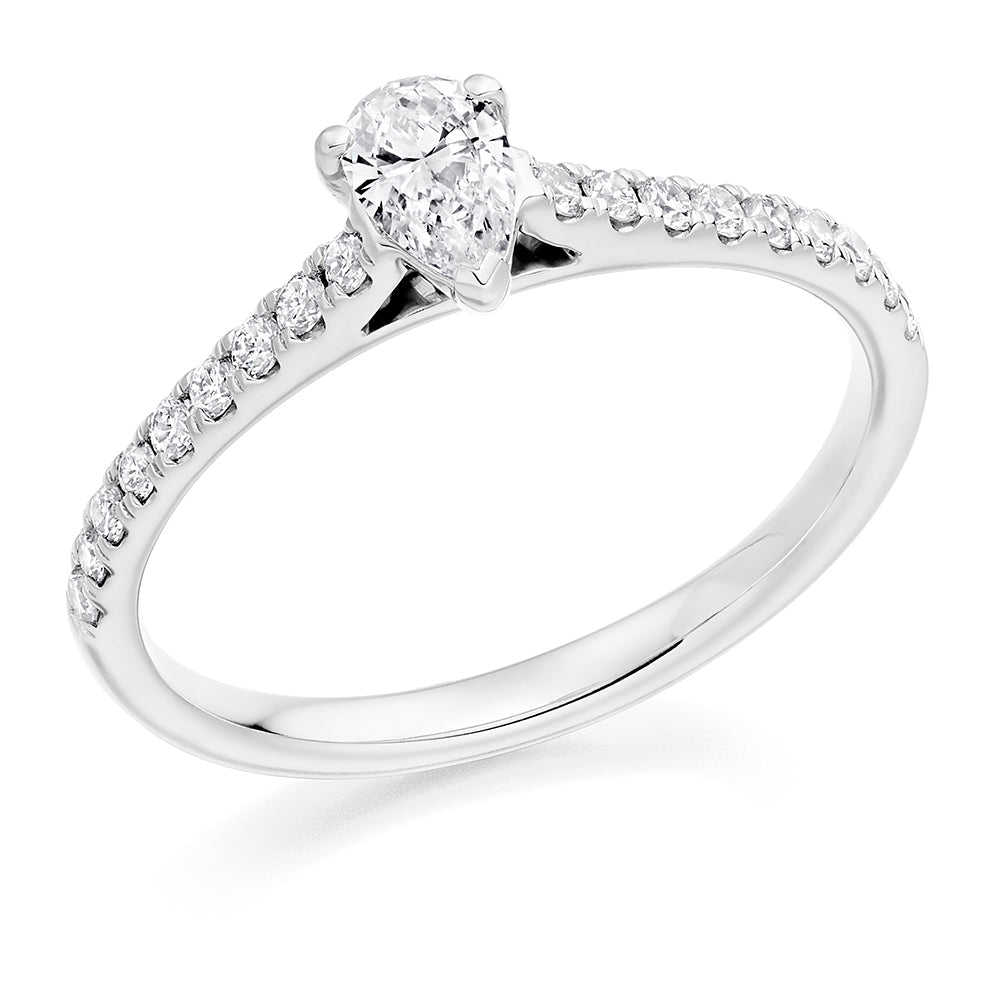 Accent-Shouldered Solitaire Pear Cut Engagement Ring, 0.25ct in White Gold
