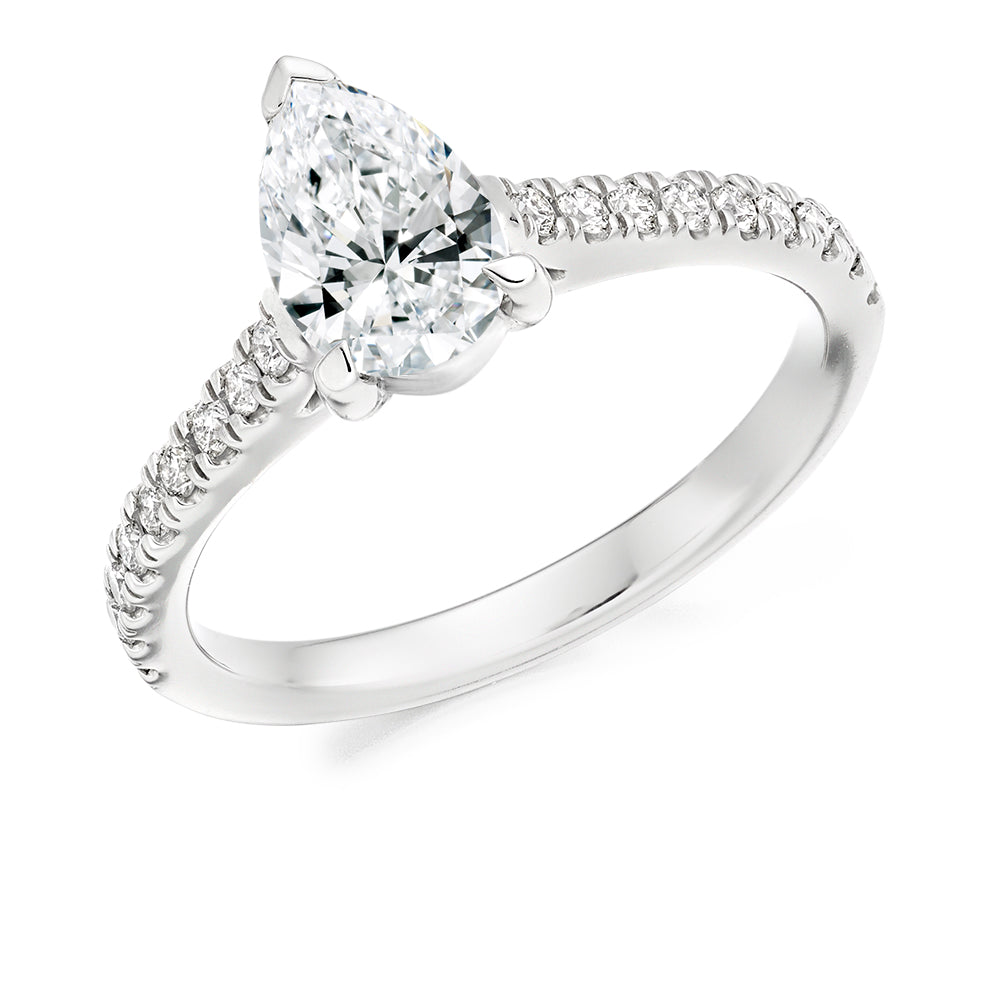 Solitaire with Diamond Shoulders Pear Cut Engagement Ring in White Gold