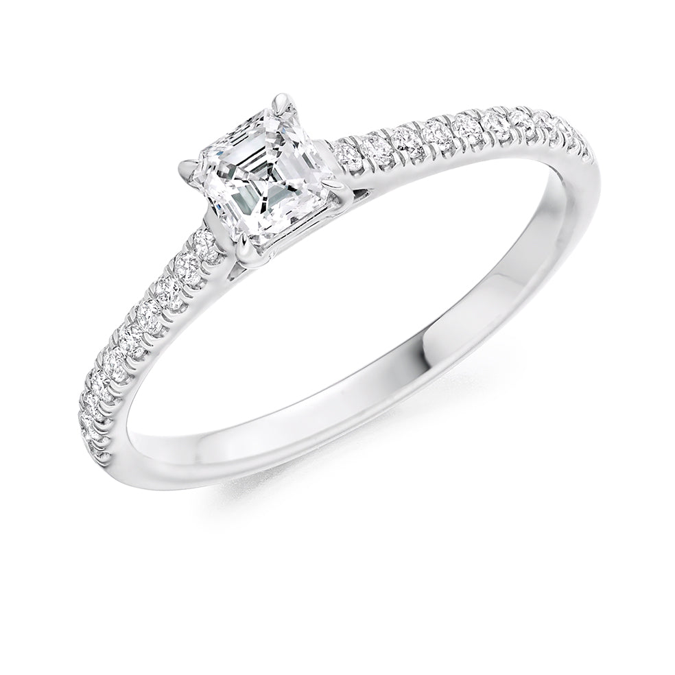 Diamond-Shouldered Solitaire Asscher Cut Engagement Ring in White Gold