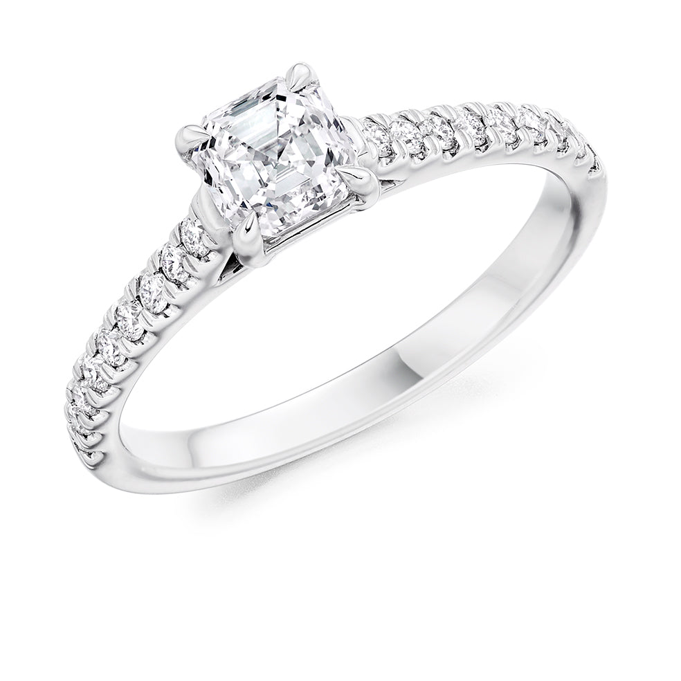 Accent-Shouldered Solitaire Asscher Cut Engagement Ring in White Gold