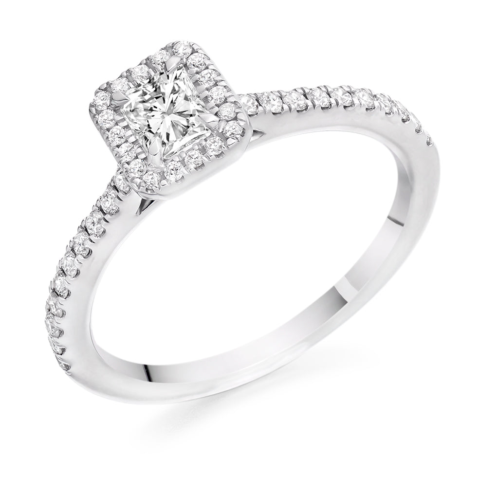 Pavé-Shoulder Halo Radiant-Cut Engagement Ring, 0.33ct in White Gold