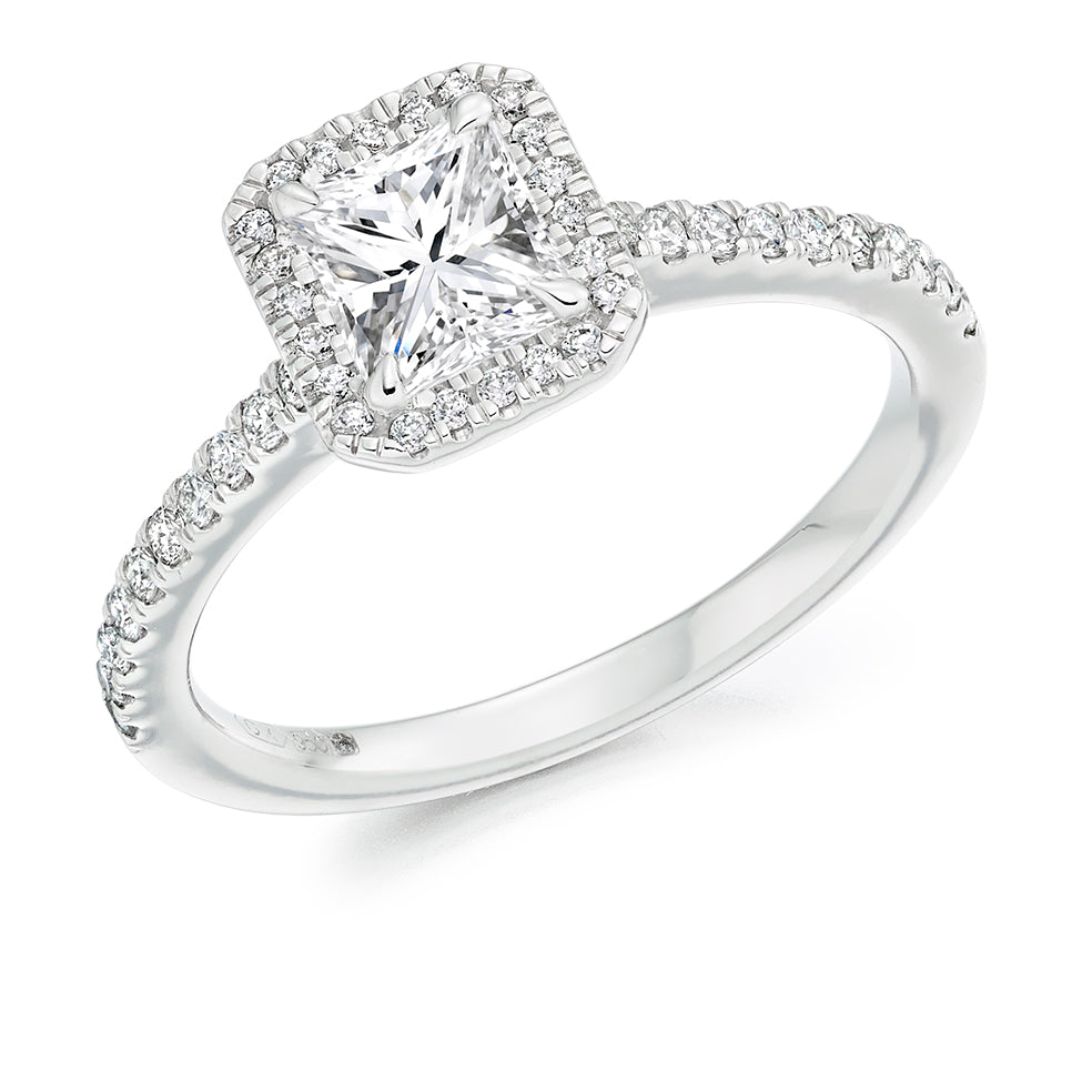 Pavé-Shoulder Halo Radiant-Cut Engagement Ring, 0.7ct in White Gold