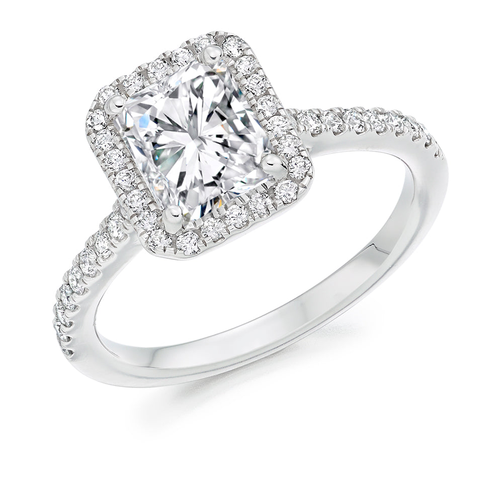 Pavé-Shoulder Halo Radiant-Cut Engagement Ring, 1.5ct in White Gold