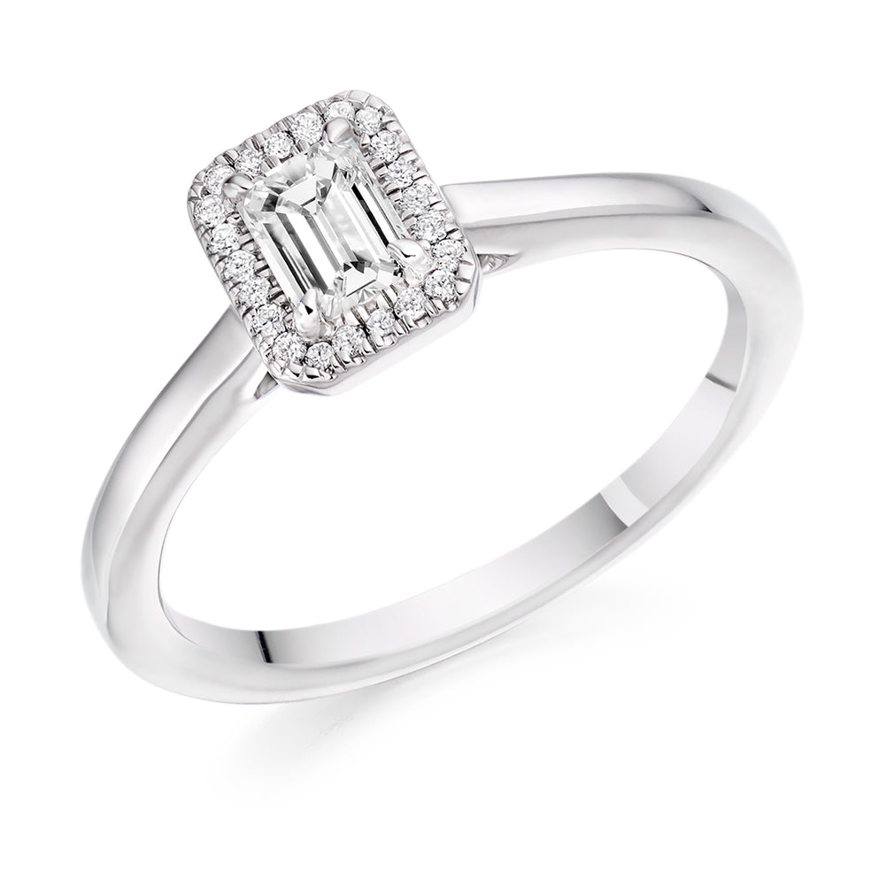 Clean-Shouldered Halo Emerald Cut Engagement Ring, 0.33ct in White Gold