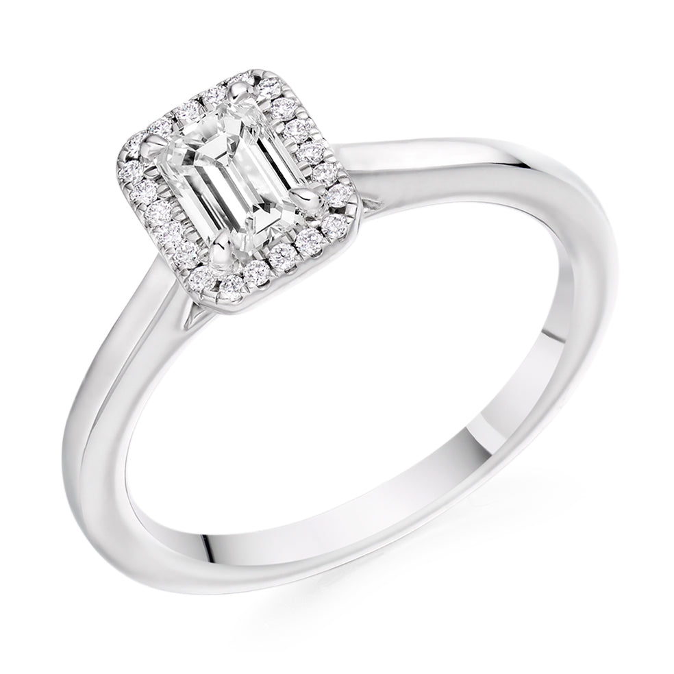 Halo with Plain Shoulders Emerald Cut Engagement Ring, 0.5ct in White Gold