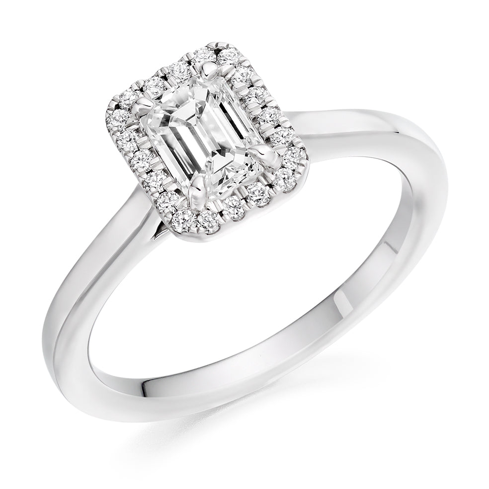 Plain-Band Halo Emerald Cut Engagement Ring, 0.75ct in White Gold