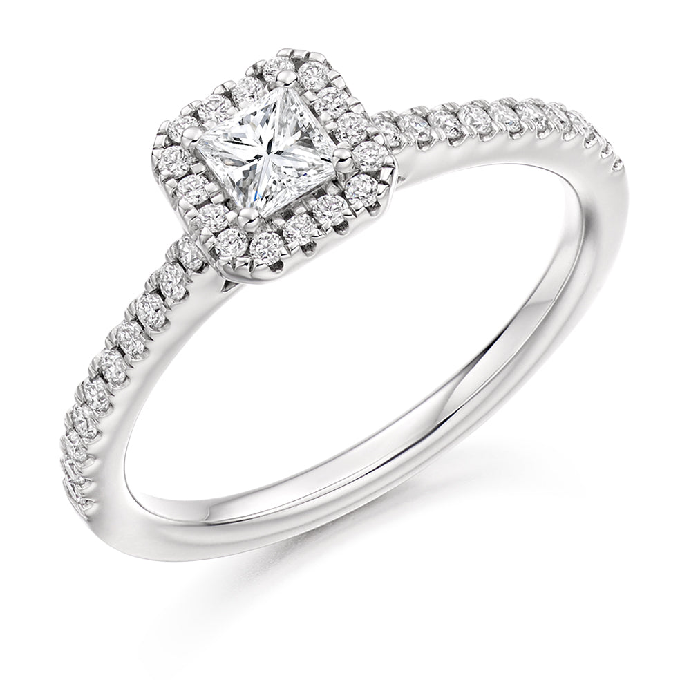 Halo with Diamond Set Shoulders Princess Cut Engagement Ring, 0.40ct in White Gold