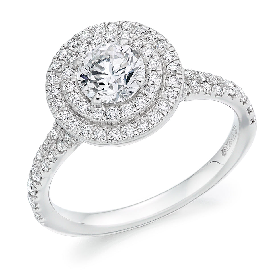 Halo with Diamond Set Shoulders Round Brilliant Engagement Ring, 0.75ct in White Gold